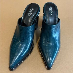 Charles David Teal Croc-Embossed Mules